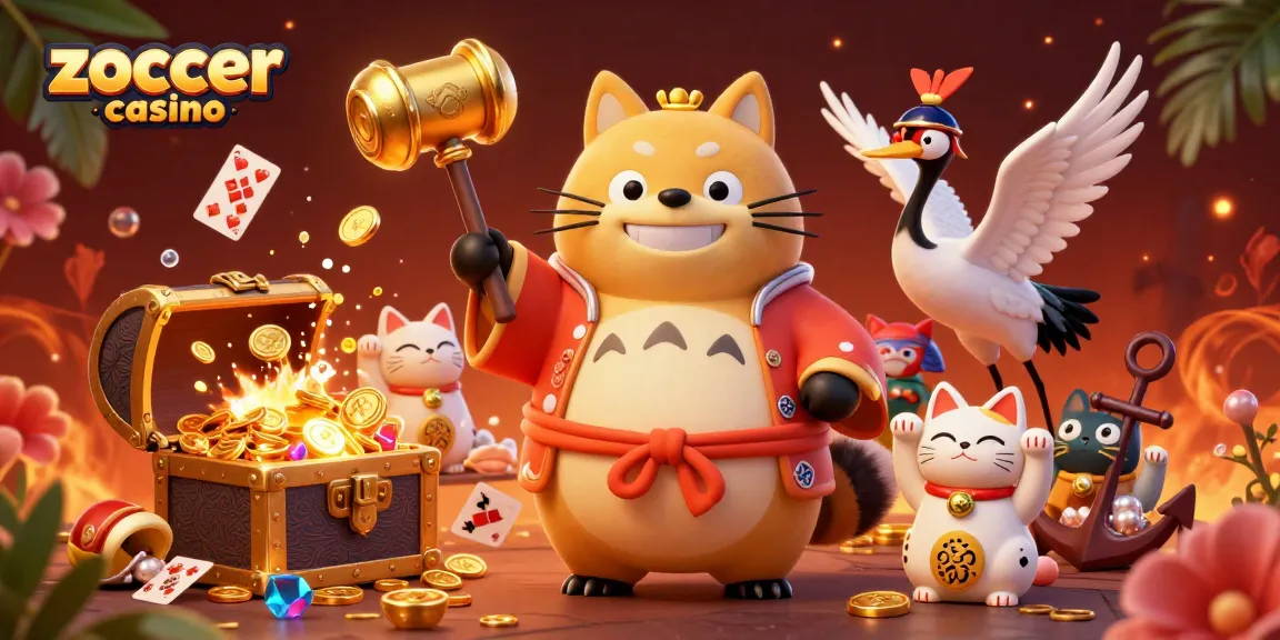 Join the excitement with Zoccer Casino's vibrant gambling scene, featuring jackpot elements and cheerful characters.