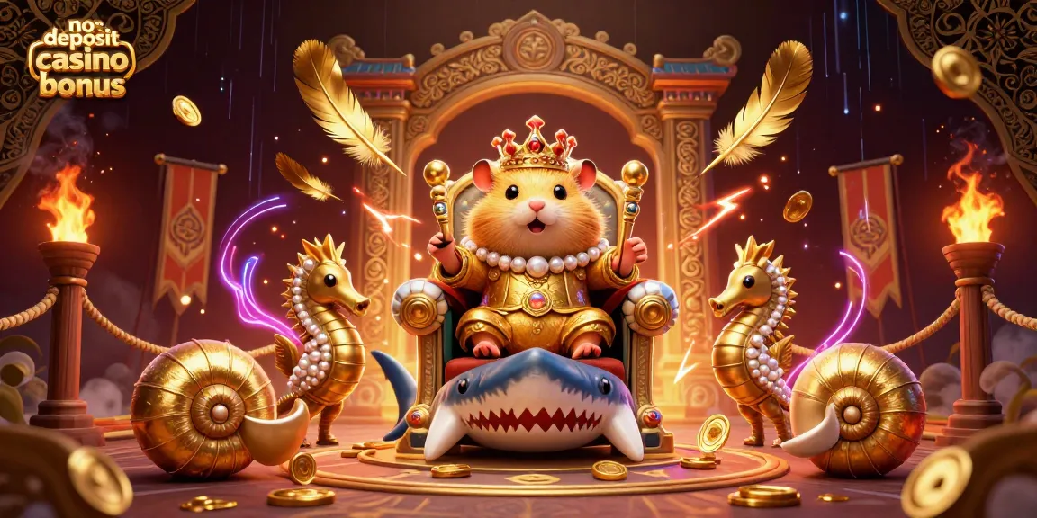 Claim a thrilling no deposit casino bonus with a golden hamster king amidst a lavish casino environment