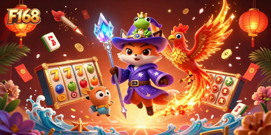 Experience F168 with a magical illustration showing a wizard fox, phoenix, and dynamic slot reels surrounded by vibrant gambling elements.