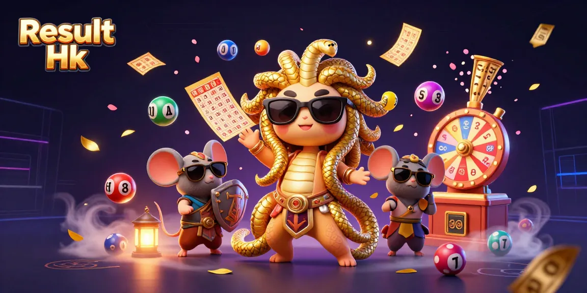 Experience the excitement of Result Hk with friendly Medusa and a warrior mouse surrounded by colorful lottery graphics.