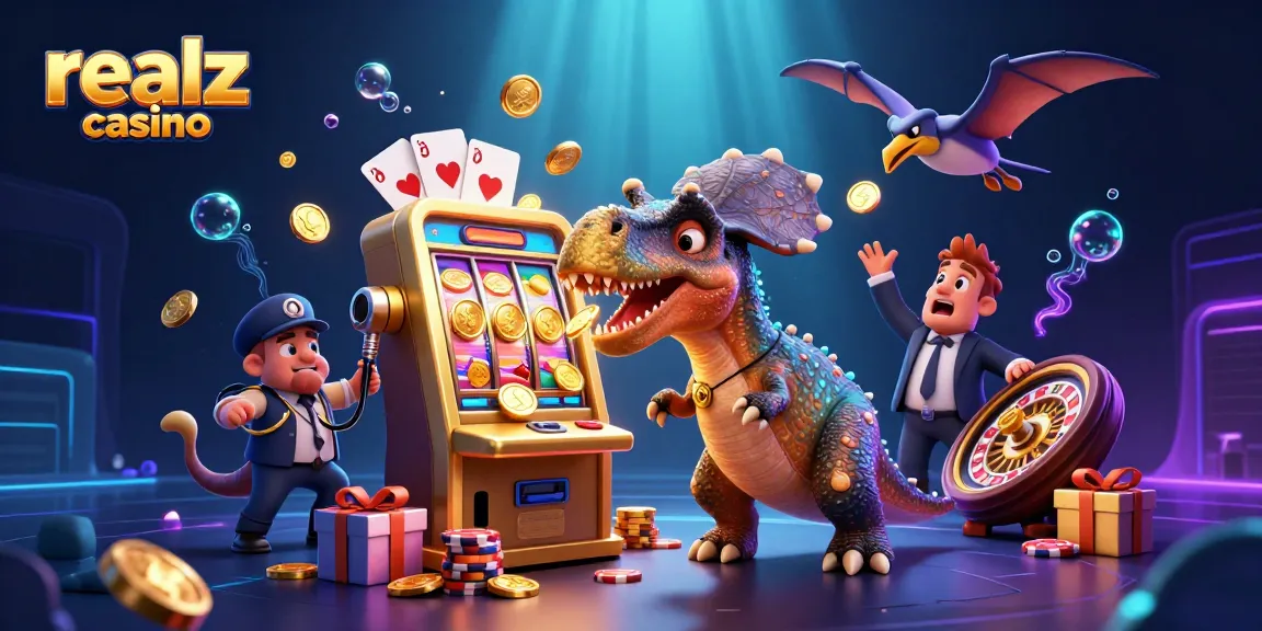 realz casino brings excitement as dino animations collide with golden slot winnings in a vibrant scene