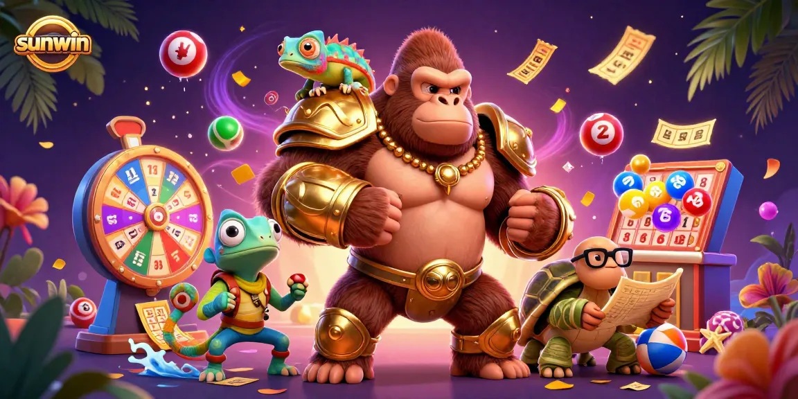 Engage with the sunwin lottery scene featuring vibrant games and dynamic 3D characters in action.