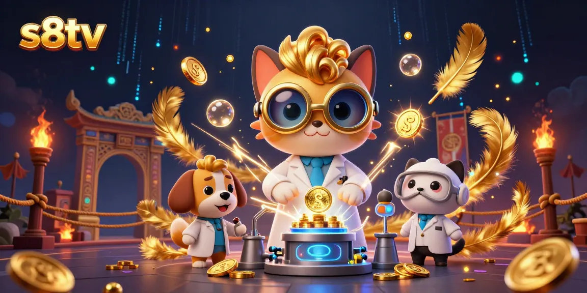 S8TV transforms sports betting excitement with the lively scene of a mad scientist cat creating a gold-coin-replication machine.