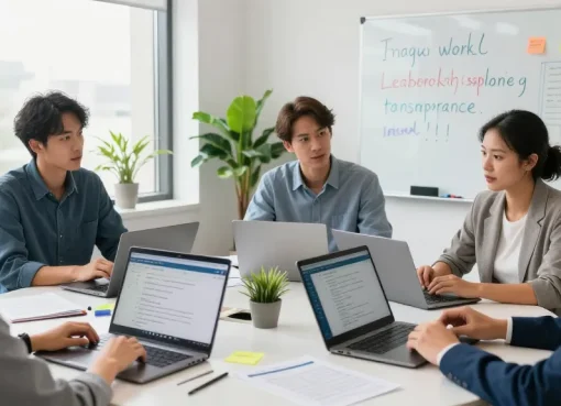 Firma bewerten: Gruppe von Fachleuten diskutiert Feedback zur Führungsqualität in modernem Büro.